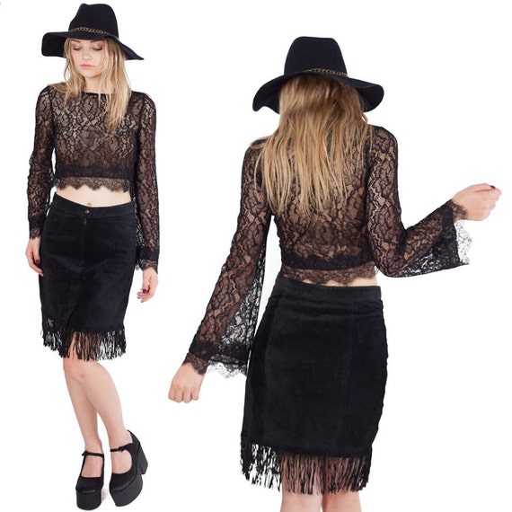 Black Suede Fringe Vintage Pencil Skirt - image 1