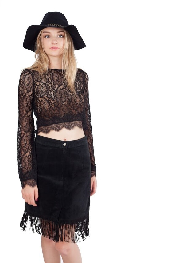 Black Suede Fringe Vintage Pencil Skirt - image 5