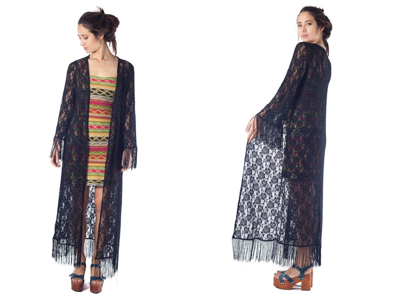 Black Lace Kimono Duster Fringe Cardigan Floor Length Jacket Image 0