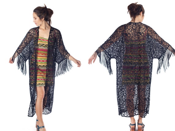 Black Lace Kimono Duster Fringe Cardigan Floor Length Jacket Etsy