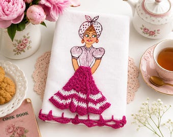 Vintage Handmade Hand Painted Crochet Doll Art White Cotton Kitchen Tea Towel
