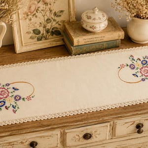 vintage embroidered dresser scarves Vintage Embroidered Floral Table Scarf - Colorful Handstitched Kitchen  Cloth 37x11