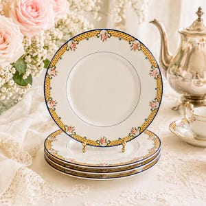 May include: A stack of four white ceramic plates featuring a decorative border with a yellow lattice pattern, small blue dots, and pink floral accents. The plates have a smooth, circular center and a thin dark blue rim along the outer edge.