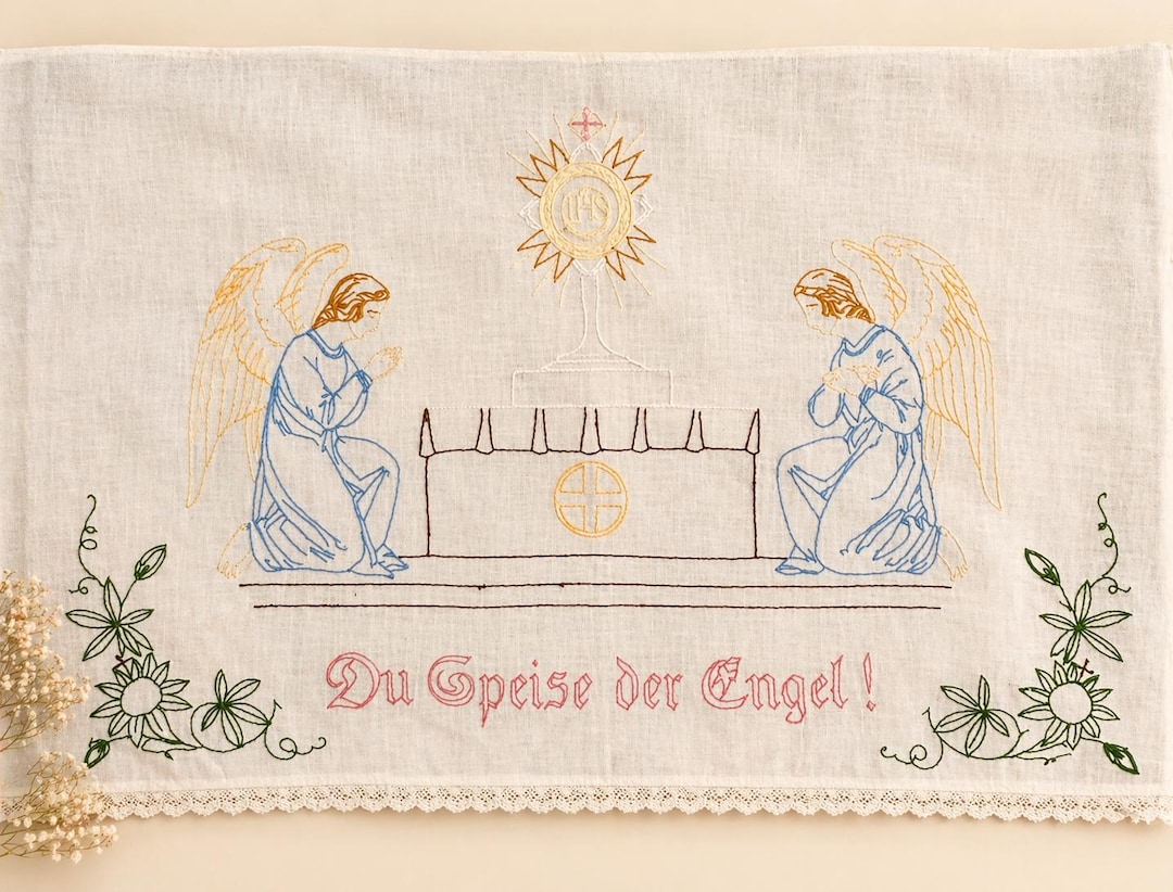 Vintage Hand Embroidered Heavenly Angels White Table Runner Crochet ...