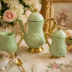 May include: A mint green ceramic tea set featuring a teapot, a creamer, and a sugar bowl, all with an embossed rose pattern and gold-toned handles, lids, and bases. The set includes a matching teacup and saucer with a floral design and a gold spoon.