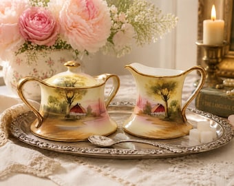 Azucarero y jarro de crema de porcelana rústica antigua pintada a mano de Nippon, estilo granja.
