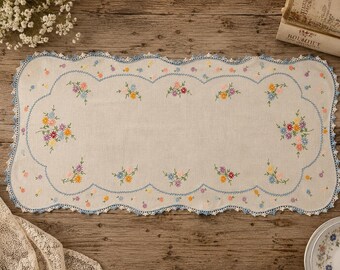Vintage Hand Embroidered White Table Runner Country Flower Spray Crochet Edging