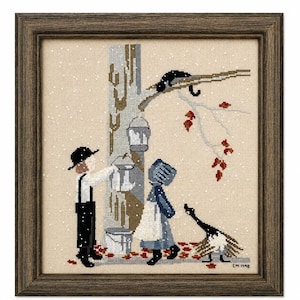 Primitive Amish Couple Fountain Goose Cross Stitch Framed Signed CM 1998