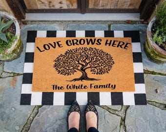 Personalized Family Name Doormat, Love Grows Here Tree Welcome Mat, Custom Coir Door Mat, Housewarming Gift, New Home Gift