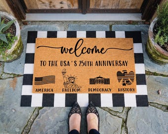 USA 250th Anniversary Patriotic Doormat, Custom Family Name Welcome Mat