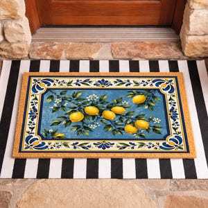 May include: Rectangular doormat with a blue and yellow lemon design. The mat has a decorative border and a black and white striped rug underneath. A potted plant with white flowers and a pot of pink flowers are on either side.