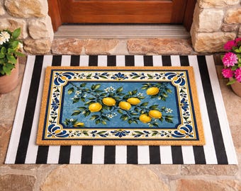 Lemon Doormat,Citrus Floral Welcome Mat,Summer Coir Door Mat,Kitchen Lemon Decor,Farmhouse Entry Rug,Front Door Decor,Housewarming Gift