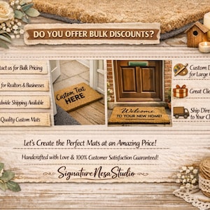 Puede incluir: Un anuncio de felpudos personalizados, con im&aacute;genes de felpudos con texto. El anuncio incluye texto como "Custom Text Here" y "Welcome to Your New Home!" El texto adicional promociona descuentos por volumen, env&iacute;o a todo el mundo y dise&ntilde;os personalizados.