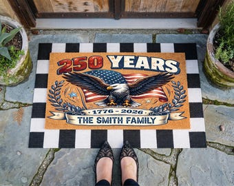 Personalized 250 Years Doormat, 1776 2026 Patriotic Welcome Mat, American Flag Eagle Front Door Mat, Custom Family Porch Decor