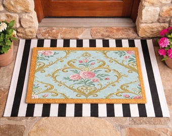 Vintage Wild Rose Coir Doormat, Floral Welcome Mat, Cottagecore Porch Entry Rug