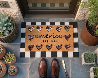 America Anniversary Door Mat, Custom Family Name Patriotic America Decor