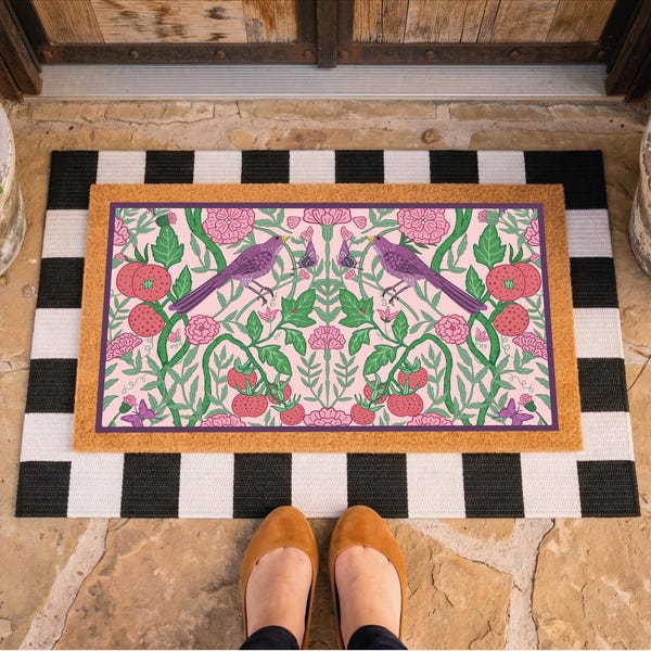 Felpudo William Morris Strawberry Thief, felpudo de bienvenida floral con pájaros vintage, alfombra de entrada botánica