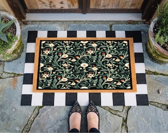 Floral Doormat, Botanical Welcome Mat, Spring Flower Coir Door Mat, Boho Front Door Decor, Housewarming Gift, Entryway Rug