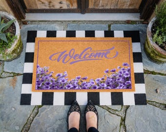 Purple Floral Doormat - Artistic Flower Welcome Mat, Botanical Garden Entrance Rug