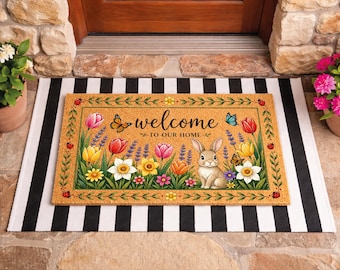 Welcome Floral Doormat, Pastel Wildflower Bunny Entryway Rug, Cottagecore Home Decor