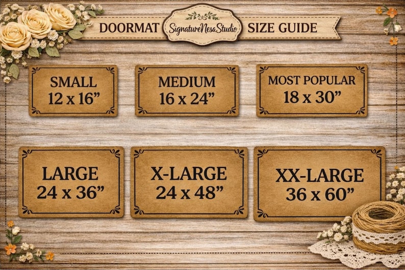 Puede incluir: Una gu&iacute;a de tallas de felpudos con seis letreros rectangulares sobre un fondo de vetas de madera. Los tama&ntilde;os incluyen Peque&ntilde;o (30 x 41 cm), Mediano (41 x 61 cm), M&aacute;s popular (46 x 76 cm), Grande (61 x 91 cm), X-Large (61 x 122 cm) y XX-Large (91 x 152 cm).