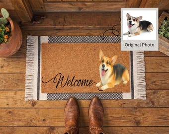 Personalized Pet Watercolor Doormat, Custom Dog Photo Welcome Mat, Coir Rug