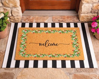 Strawberry Welcome Mat, Summer Fruit Doormat, Natural Coir Front Porch Decor
