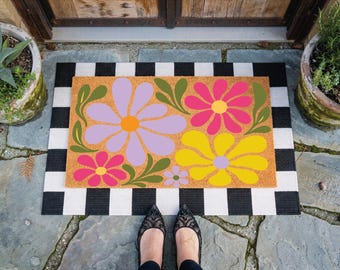 Retro Poppy Coir Doormat: Boho Floral Welcome Mat