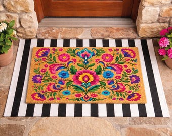 Vibrant Floral Coco Doormat, Vintage Flowers Door Mat, Colorful Entryway Welcome Mat, Bohemian Flowers Natural Coir Mat, Fiesta Floral Rug