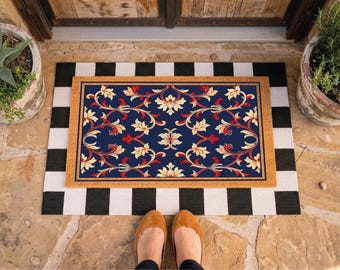 Vintage Floral Doormat | Navy Red Ornamental Entry Rug | Grandmillennial Home Decor | Elegant Welcome Mat