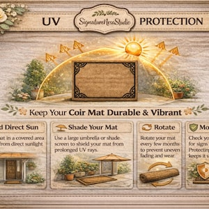 Puede incluir: Imagen decorativa con consejos para el mantenimiento de una alfombra de fibra de coco, incluyendo evitar el sol directo, sombrear, rotar y controlar el desgaste. La imagen presenta un dise&ntilde;o central de alfombra de fibra de coco con un borde decorativo.