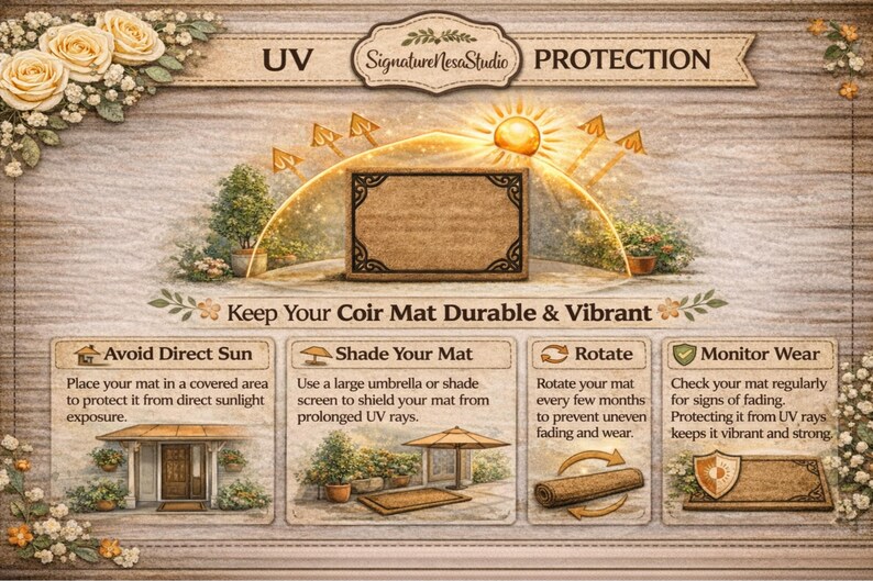 Puede incluir: Imagen decorativa con consejos para el mantenimiento de una alfombra de fibra de coco, incluyendo evitar el sol directo, sombrear, rotar y controlar el desgaste. La imagen presenta un dise&ntilde;o central de alfombra de fibra de coco con un borde decorativo.