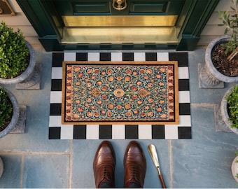 Vintage Persian Rug Doormat, Oriental Floral Coir Door Mat, Boho Entryway Rug, Layered Front Porch Mat, Housewarming Gift