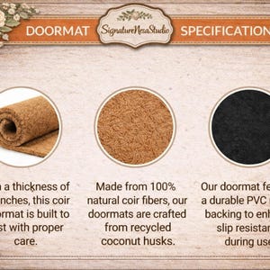 Puede incluir: Imagen de una felpudo con especificaciones. El felpudo tiene 1,3 cm de grosor y est&aacute; hecho de fibras de coco naturales de c&aacute;scaras de coco recicladas. Cuenta con un respaldo de goma de PVC duradero para la resistencia al deslizamiento. El texto dice "DOORMAT SPECIFICATIONS".