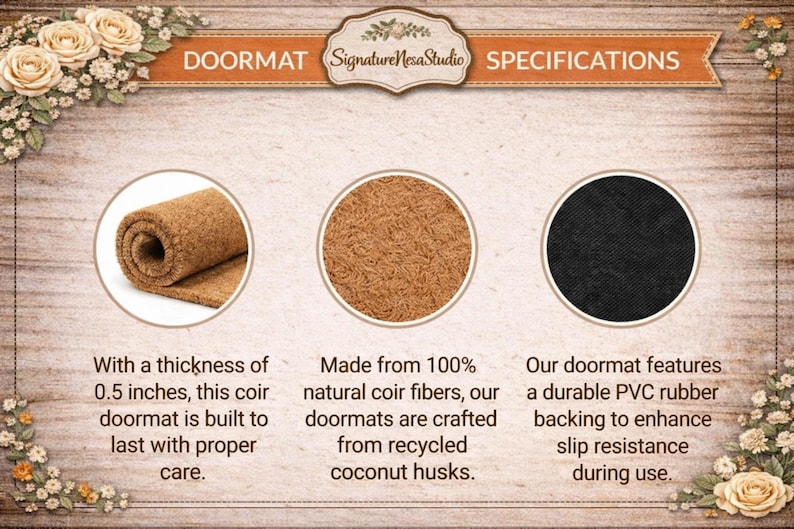 Puede incluir: Imagen de una felpudo con especificaciones. El felpudo tiene 1,3 cm de grosor y est&aacute; hecho de fibras de coco naturales de c&aacute;scaras de coco recicladas. Cuenta con un respaldo de goma de PVC duradero para la resistencia al deslizamiento. El texto dice "DOORMAT SPECIFICATIONS".