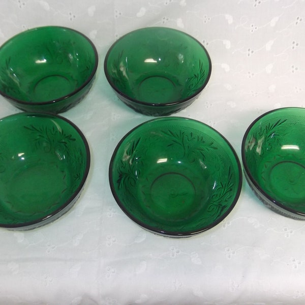 Anchor Hocking Forest Green 1950's Sandwich Five Glass Desert Bowls