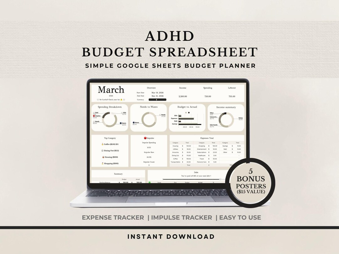 ADHD Budget Planner Google Sheets Monthly Bill Tracker Personal Income ...