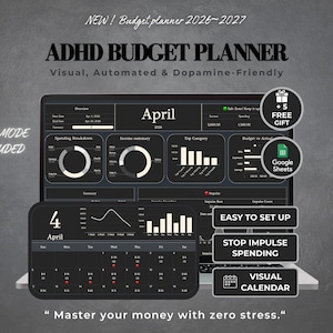 ADHD Budget Planner | Impulse Spending Tracker, Dark Mode Budget, Visual Calendar (Google Sheets)