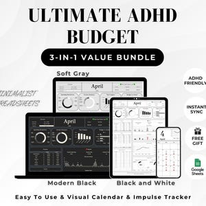ADHD Budget Planner Bundle - Impulse Purchase Tracker & Calendar - Modern Black, White, Grey - Financial Organizer for ADHD