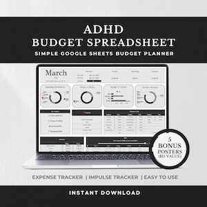Può includere: Uno schermo di un laptop mostra un foglio di calcolo del budget con la scritta "ADHD BUDGET SPREADSHEET". Il foglio di calcolo include strumenti di monitoraggio delle spese e degli impulsi, e l'immagine pubblicizza anche "5 BONUS POSTERS (VALORE $15)".