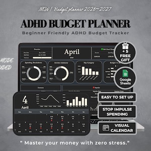 ADHD Budget Planner | Impulse Spending Tracker, Dark Mode Budget, Visual Calendar (Google Sheets)