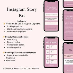 Peut inclure: Un kit numérique Instagram Story pour les entreprises de beauté. Il comprend des légendes prêtes à l'emploi, des modèles de réservation et des informations sur les politiques. Présenté sur fond rose avec des maquettes de smartphones.