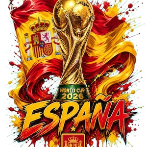 May include: A gold World Cup 2026 trophy centered in front of a waving Spanish flag with red and yellow paint splatters. The text ESPAÑA appears in bold yellow and red letters above the official Spanish football crest with the year 1909.