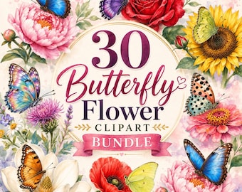 30 Aquarell Schmetterlinge Blumen Clipart Bundle: Frühling Garten Grafiken (digitaler Download)