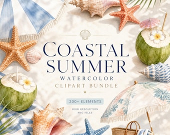 Aquarell Küsten Sommer Clipart Bundle: Tropische Strand Grafiken (digitaler Download)