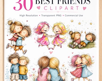 Freunde Clipart: 30 Aquarell BFF Illustrationen (Digitaler Download)