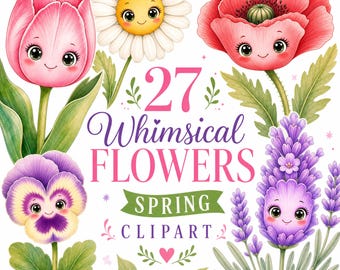 Kawaii Frühling Blumen Clipart Bundle, Aquarell Blumen PNG Set (digitaler Download)