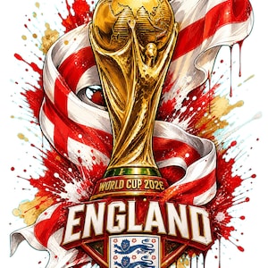 Könnte beinhalten: Eine goldfarbene Trophäe mit Globus-Design vor einer wehenden weißen Flagge mit rotem Kreuz. Der Text WORLD CUP 2026 und ENGLAND steht über einem Wappenschild, das drei blaue Löwen auf weißem Grund zeigt.