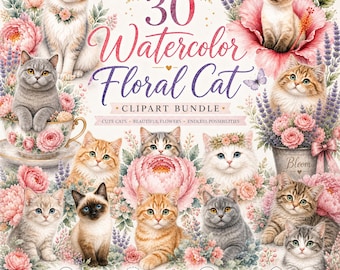 Aquarell Blumen Katze Clipart Bundle: Kätzchen Illustrationen (30 PNGs - digitaler Download)