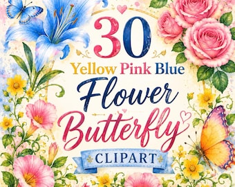 30 Aquarell Blumen Schmetterling Clipart Bundle: Gelb, Pink, Blau (digitaler Download)